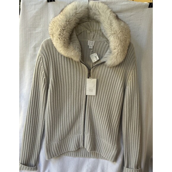 NWT! TSE 100% Cashmere & Finland White Fox Gray Ribbed Sweater w/ Zipper Hooded - Picture 1 of 16